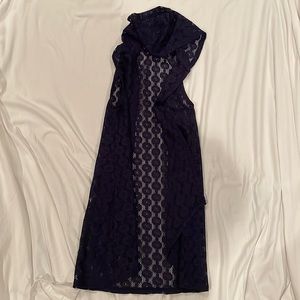 Navy Blue Hooded Sleeveless Lace Cardigan